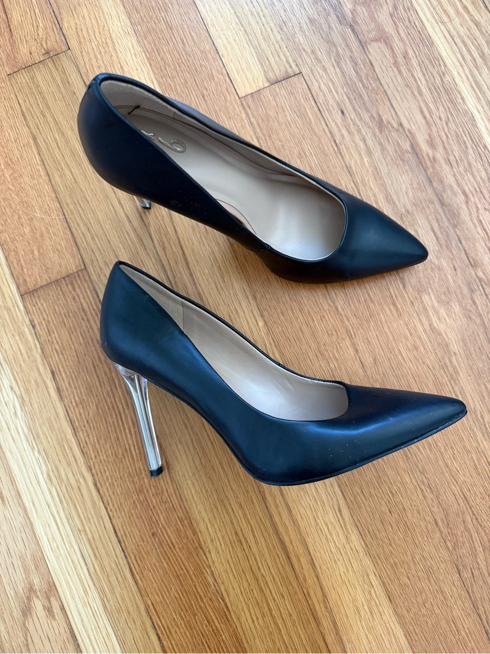 Women's Black Pointed Leather Stiletto Heels with clear heel size 8.5